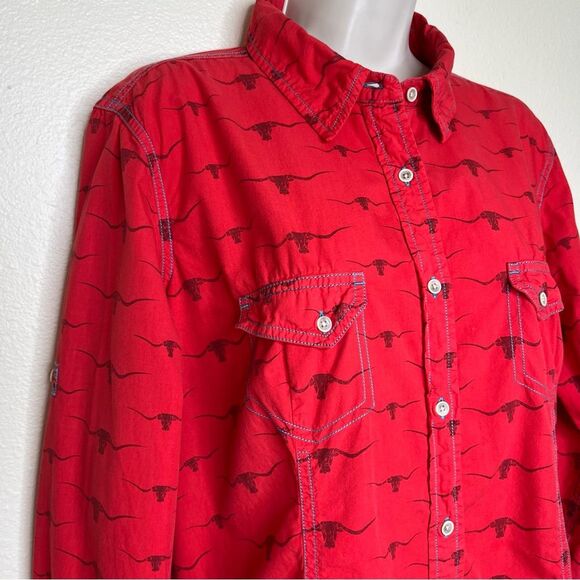 Barn Fly Red Steer Bull Print Long Sleeve Roll Tab Button Front Shirt Women XL - Picture 2 of 13
